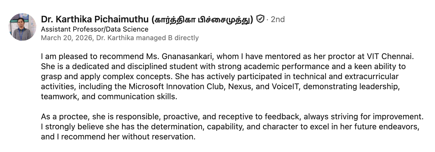 Recommendation from Dr. Karthika Pichaimuthu